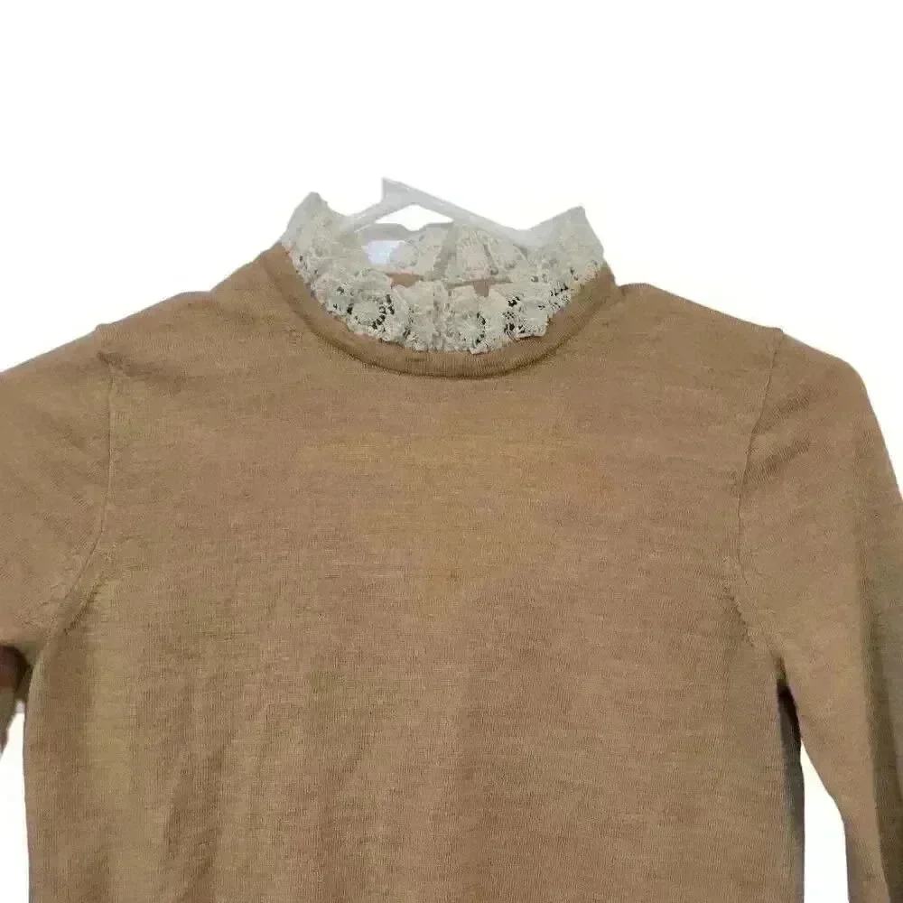 J. Crew Women's Heather Tan Merino Wool Lightweight Knit Antique Lace Collar Lon